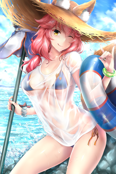 Anime picture 4000x6000 with fate (series) fate/grand order tamamo (fate) (all) tamamo no mae (swimsuit lancer) (fate) rei kun single long hair tall image looking at viewer blush fringe highres breasts light erotic smile hair between eyes large breasts standing holding animal ears