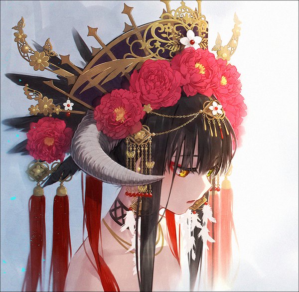 Anime picture 1000x978 with original hakusai (tiahszld) single long hair fringe black hair simple background hair between eyes yellow eyes payot upper body horn (horns) lipstick gradient background looking down eyeshadow red lipstick girl flower (flowers) earrings