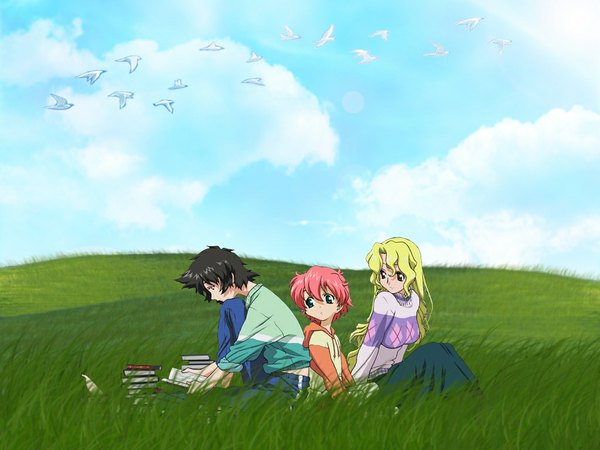 Anime picture 1024x768 with read or die r.o.d the tv j.c. staff anita king michelle cheung maggie mui multiple girls sky casual field reading girl plant (plants) animal bird (birds) book (books) 3 girls grass