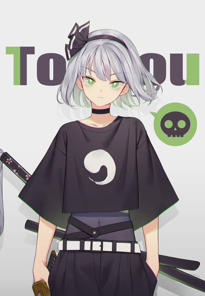 Anime picture 1500x2155 with touhou konpaku youmu liuli (llc) single tall image looking at viewer fringe short hair simple background holding green eyes grey hair grey background alternate costume copyright name floral print hand in pocket girl weapon sword