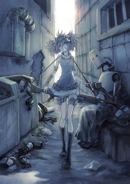Anime picture 1860x2631 with original youtsuu single tall image fringe highres smile holding walking broken girl hair ornament weapon detached sleeves boots belt gun thigh boots robot
