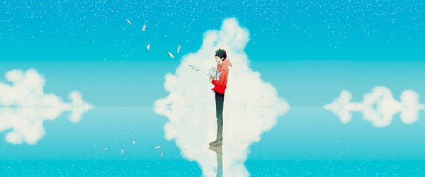 Anime picture 1400x584 with nico nico singer fukuwa gui single short hair black hair wide image standing looking away sky cloud (clouds) reflection boy hoodie letter