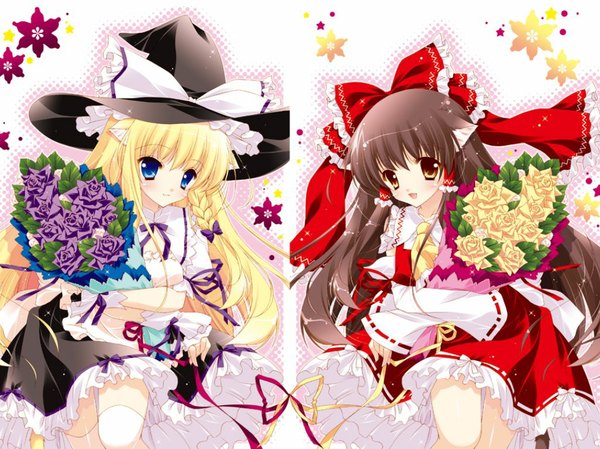 Anime picture 1024x767 with touhou hakurei reimu kirisame marisa blush smile cat girl witch girl ribbon (ribbons) hat