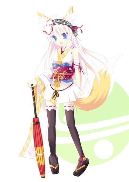 Anime picture 800x1129 with original nibiiro shizuka single long hair tall image looking at viewer blush open mouth blue eyes animal ears white hair tail traditional clothes animal tail fox ears fox tail fox girl mask on head closed umbrella girl