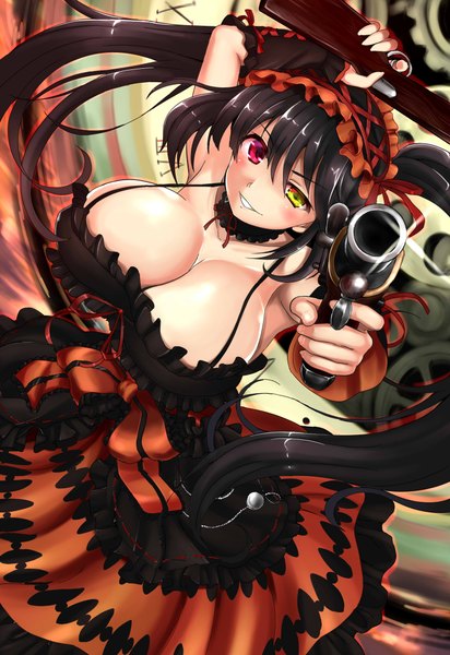 Anime picture 1460x2122 with date a live tokisaki kurumi inago (pixiv) single long hair tall image looking at viewer blush fringe breasts light erotic black hair smile large breasts twintails holding cleavage from above heterochromia looking up