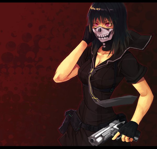 Anime picture 1002x950 with original yuuji (and) single short hair black hair simple background pink eyes red background girl necktie fingerless gloves gun mask pistol fanny pack