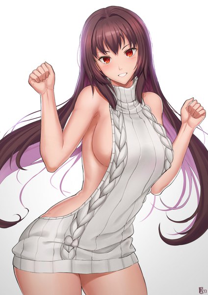 Anime picture 1414x2000 with fate (series) fate/grand order scathach (fate) (all) scathach (fate) kakeku single long hair tall image looking at viewer blush fringe breasts light erotic simple background hair between eyes red eyes brown hair large breasts standing white background