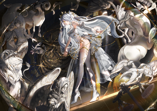 Anime picture 4000x2830 with original nanaponi single long hair looking at viewer fringe highres light erotic standing signed yellow eyes absurdres full body white hair blurry hair over one eye from below high heels two side up puffy sleeves