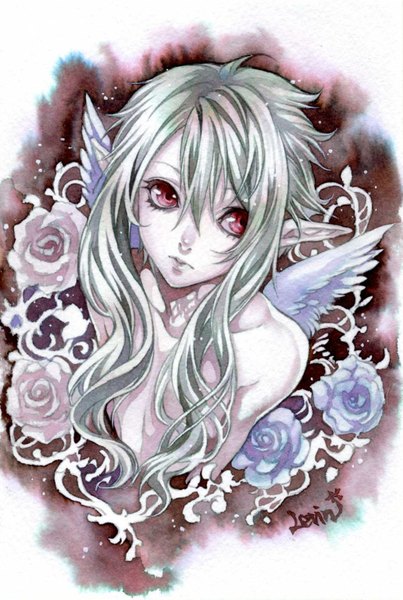 Anime picture 1031x1535 with original levin (artist) single long hair tall image fringe light erotic simple background hair between eyes red eyes bare shoulders signed looking away silver hair from above pointy ears traditional media watercolor (medium) girl flower (flowers)