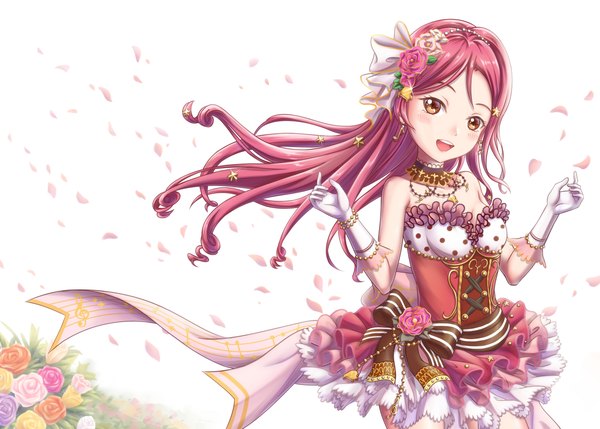 Anime picture 2700x1930 with love live! sunshine!! sunrise (studio) love live! sakurauchi riko tsukimi seiya single long hair looking at viewer blush fringe highres breasts open mouth simple background smile standing white background brown eyes cleavage red hair