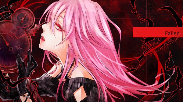Anime picture 900x506 with guilty crown production i.g yuzuriha inori yoma (pixiv) single long hair looking at viewer red eyes wide image bare shoulders holding pink hair parted lips profile close-up girl gloves black gloves clock