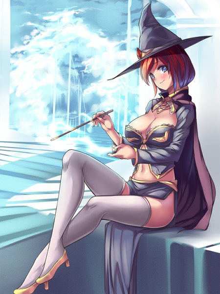 Anime picture 750x1000 with saiste single tall image looking at viewer blush short hair breasts blue eyes light erotic smile large breasts red hair girl thighhighs navel hat cloak witch hat