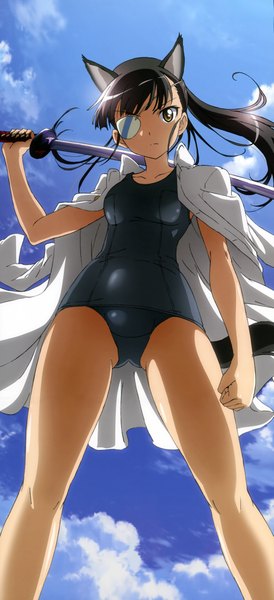 Anime picture 4082x8934 with strike witches nyantype sakamoto mio single long hair tall image highres light erotic black hair animal ears yellow eyes absurdres cloud (clouds) ponytail open clothes official art open shirt girl weapon swimsuit