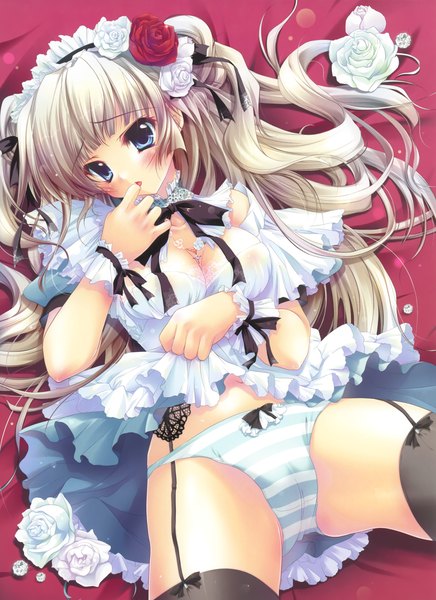 Anime picture 2455x3372 with izumi tsubasu single long hair tall image blush highres breasts blue eyes light erotic blonde hair girl thighhighs dress underwear panties flower (flowers) bow black thighhighs rose (roses) red rose