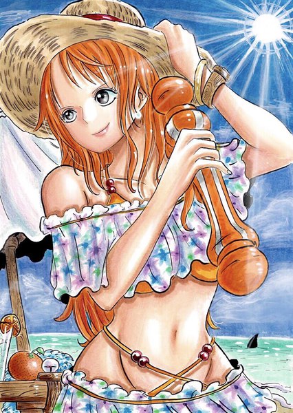 Anime picture 828x1167 with one piece toei animation nami (one piece) stt0tr single long hair tall image fringe light erotic smile bare shoulders holding payot looking away sky cloud (clouds) outdoors arm up black eyes sunlight