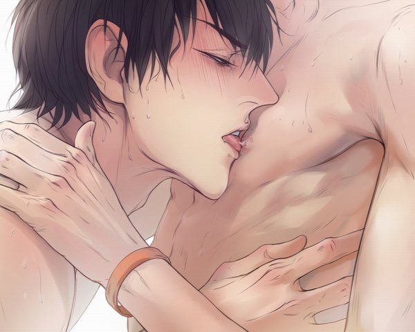 Anime picture 1280x1024 with 19 days mo guan shan he tian tashami blush fringe short hair breasts light erotic black hair hair between eyes profile sweat sweatdrop eyebrows shounen ai licking hand on another's shoulder shirtless breast lick