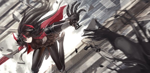 Anime picture 1200x587 with original pixiv fantasia pixiv fantasia fallen kings infukun long hair black hair wide image multiple girls horn (horns) grey eyes outstretched arm frilly skirt falling knight girl skirt weapon 2 girls miniskirt pantyhose