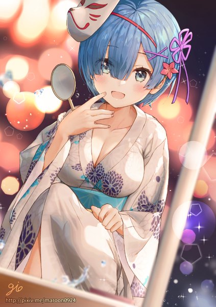 Anime picture 585x828 with re:zero kara hajimeru isekai seikatsu white fox rem (re:zero) gio (maroon0924) single tall image looking at viewer blush fringe short hair breasts open mouth blue eyes light erotic large breasts holding signed blue hair cleavage bent knee (knees)