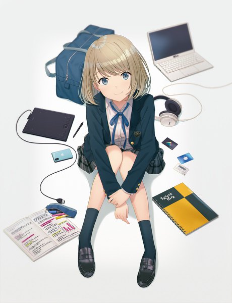 Anime picture 920x1200 with original hyuuga azuri single tall image looking at viewer blush fringe short hair blue eyes simple background blonde hair smile sitting full body head tilt from above grey background open clothes plaid skirt knees touching