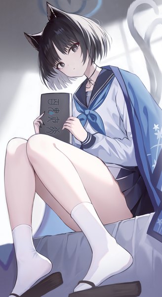 Anime picture 803x1469 with blue archive kikyou (blue archive) un uk single tall image looking at viewer short hair light erotic black hair animal ears indoors tail animal tail black eyes cat ears cat girl cat tail convenient leg girl uniform