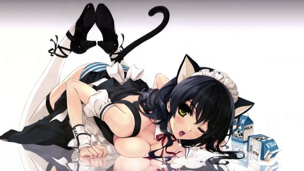Anime picture 5120x2880 with original misaki kurehito long hair highres open mouth light erotic black hair wide image green eyes animal ears absurdres cleavage tail lying animal tail one eye closed wink maid cat tail high heels