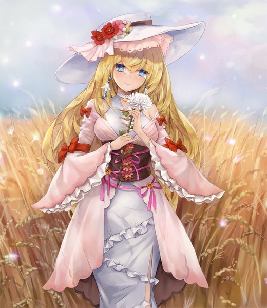 Anime picture 900x1039 with original puky single long hair tall image looking at viewer blush fringe breasts blue eyes blonde hair hair between eyes standing bare shoulders holding outdoors long sleeves head tilt light smile wide sleeves
