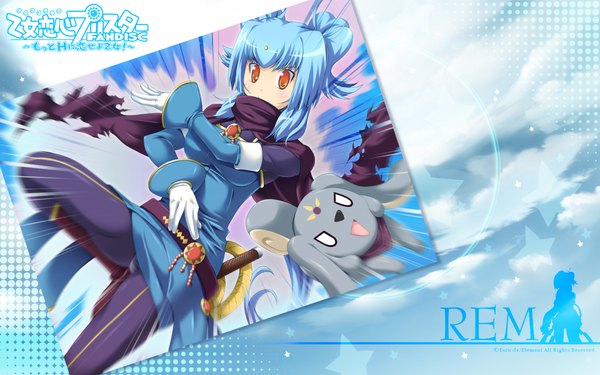 Anime picture 1920x1200 with otome renshin prister rem (otome renshin prister) wankoma hanataka retomo single highres short hair light erotic wide image yellow eyes blue hair two side up copyright name character names girl gloves animal white gloves