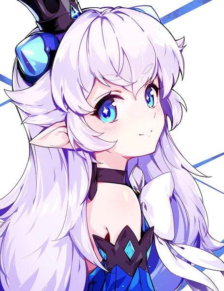 Anime picture 864x1120 with elsword luciela r. sourcream (elsword) hwansang single long hair tall image looking at viewer blush fringe blue eyes simple background smile white background bare shoulders payot silver hair upper body looking back horn (horns) pointy ears