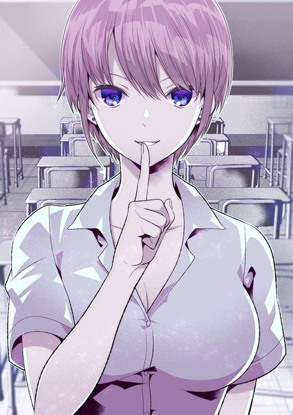 Anime picture 992x1403 with go-toubun no hanayome nakano ichika kuso bba single tall image looking at viewer fringe short hair breasts smile hair between eyes large breasts purple eyes cleavage purple hair upper body indoors finger to mouth open collar classroom