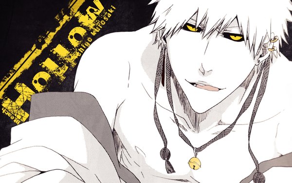 Anime picture 1920x1200 with bleach studio pierrot kurosaki ichigo single looking at viewer highres short hair open mouth wide image yellow eyes white hair boy earrings bell jingle bell