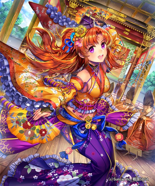 Anime-Bild 833x1000 mit sengoku saga ells (ellsat) long hair tall image looking at viewer blush fringe breasts open mouth hair between eyes standing sitting purple eyes holding sky cloud (clouds) traditional clothes :d japanese clothes orange hair