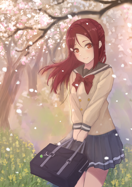 Anime picture 1254x1771 with love live! sunshine!! sunrise (studio) love live! sakurauchi riko arhah single long hair tall image looking at viewer blush fringe hair between eyes standing holding yellow eyes outdoors red hair pleated skirt light smile bare legs