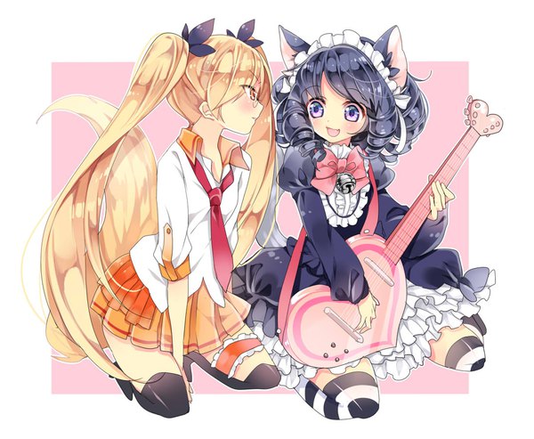 Anime picture 1100x904 with show by rock!! studio bones cyan (show by rock!!) strawberry heart retoree (show by rock!!) ayumaru (art of life) long hair blush short hair open mouth black hair blonde hair sitting purple eyes multiple girls looking away full body tail animal tail profile