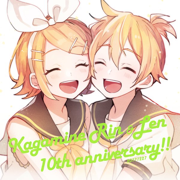 Anime picture 1227x1227 with vocaloid kagamine rin kagamine len tama (songe) blush fringe short hair open mouth blonde hair simple background hair between eyes white background ponytail eyes closed puffy sleeves character names dated ^ ^ siblings twins