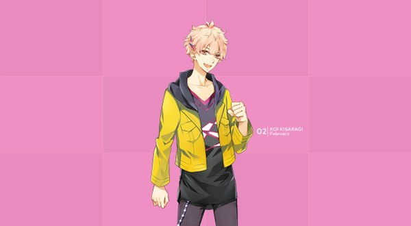 Anime picture 1282x706 with tsukiuta kisaragi koi tagme (artist) single looking at viewer short hair open mouth smile wide image pink hair pink eyes open clothes open jacket official art pink background boy hair ornament jacket hairclip t-shirt