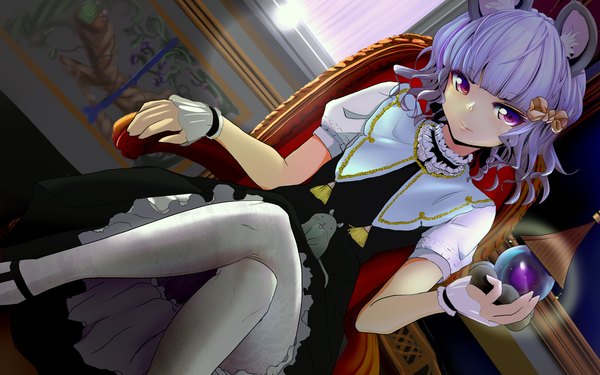 Anime picture 1440x900 with touhou nazrin ishikkoro single long hair looking at viewer wide image sitting purple eyes animal ears purple hair dutch angle wallpaper crossed legs mouse ears alternate hair color girl dress animal pantyhose