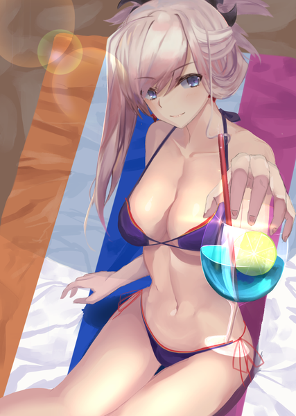 Anime picture 1596x2243 with fate (series) fate/grand order miyamoto musashi (fate) kesoshirou single tall image looking at viewer blush fringe short hair breasts blue eyes light erotic smile sitting holding pink hair outdoors from above lens flare