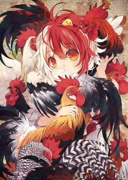 Аниме картинка 1224x1718 с touhou niwatari kutaka toutenkou один (одна) высокое изображение смотрит на зрителя чёлка короткие волосы волосы между глазами красные глаза белые волосы красные волосы разноцветные волосы двухцветные волосы животное на голове птица на голове девушка животное птица (птицы) цыплёнок