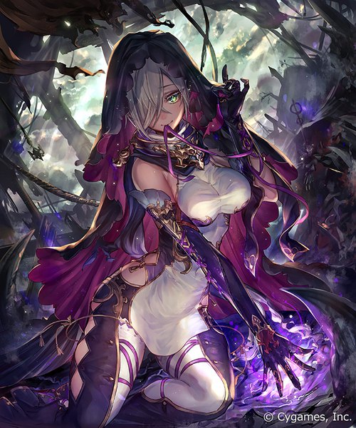 Anime picture 667x800 with shadowverse servant of silence ell (ellnun) single tall image looking at viewer fringe short hair breasts smile large breasts holding green eyes silver hair bent knee (knees) hair over one eye official art mouth hold outstretched arm magic