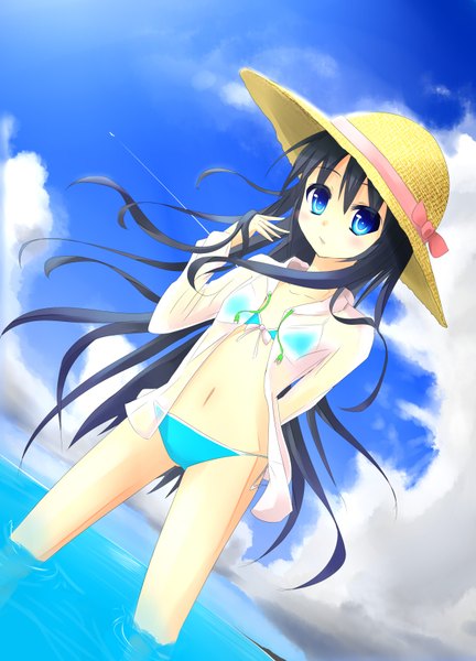 Anime picture 2480x3444 with original makadamia long hair tall image highres blue eyes light erotic black hair cloud (clouds) open clothes open shirt girl navel swimsuit hat bikini