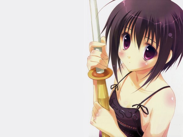 Anime picture 6000x4500 with bamboo blade kawazoe tamaki single blush highres short hair white background purple eyes bare shoulders absurdres purple hair girl sword