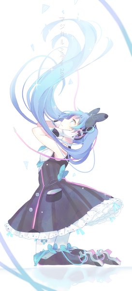 Anime picture 1597x3507 with vocaloid magical mirai (vocaloid) hatsune miku magical mirai miku magical mirai miku (2016) kaneko aaru single long hair tall image blue eyes simple background white background twintails blue hair full body sparkle kneeling floating hair looking up frilled dress
