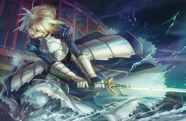Anime picture 1200x782 with fate (series) fate/stay night studio deen type-moon artoria pendragon (all) saber mou-s single short hair open mouth blonde hair green eyes night girl weapon sword armor bridge
