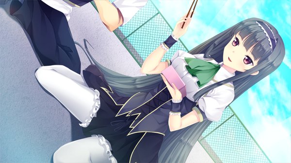 Anime picture 1024x576 with gakuen butou no folklore long hair open mouth black hair smile wide image purple eyes game cg girl dress uniform school uniform food hairband obento