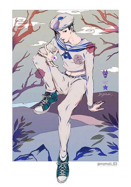 Anime picture 600x853 with jojo no kimyou na bouken jojolion kira yoshikage (jojolion) mizudama single tall image short hair black hair sitting signed looking away full body black eyes mole arm support midriff twitter username joestar birthmark boy hat