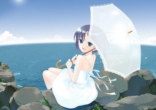 Anime picture 1600x1133 with original kazuto izumi (artist) single looking at viewer short hair open mouth blue eyes sitting bare shoulders blue hair sky cloud (clouds) :d looking back wind girl dress white dress sea umbrella