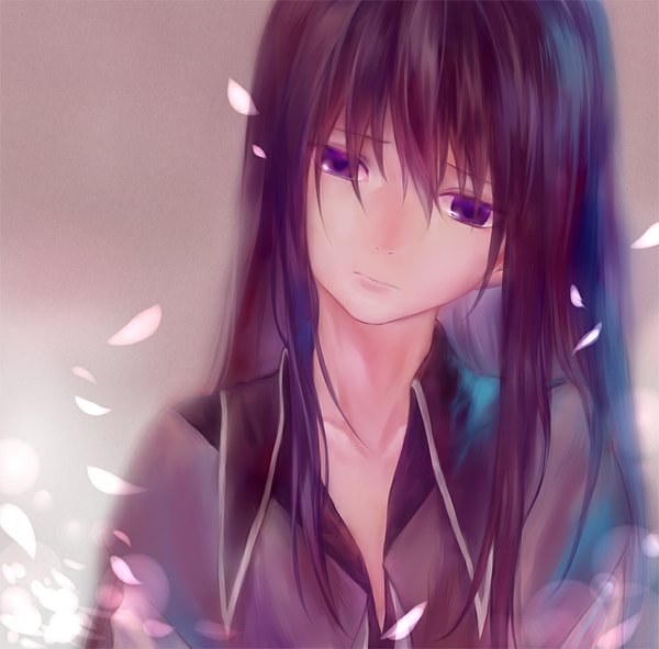 Anime picture 1000x986 with mahou shoujo madoka magica shaft (studio) akemi homura azmodan single long hair black hair purple eyes upper body open clothes open shirt cherry blossoms portrait face magical girl sad girl plant (plants) petals tree (trees)