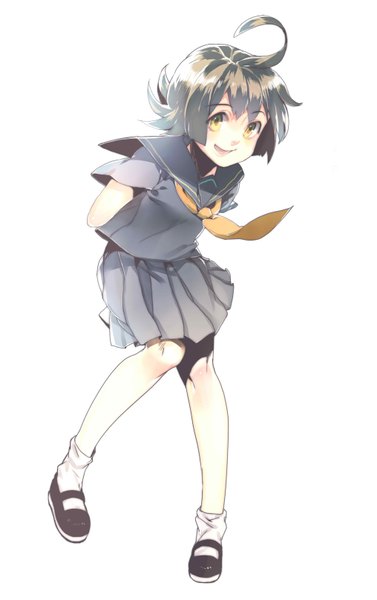 Anime picture 1015x1615 with original rosele single tall image looking at viewer blush short hair open mouth simple background smile brown hair white background yellow eyes hands behind back girl socks serafuku white socks