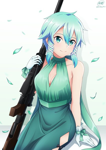 Anime picture 1654x2339 with sword art online a-1 pictures asada shino ken-ji single tall image blush fringe short hair breasts smile hair between eyes large breasts sitting signed payot looking away cleavage aqua eyes aqua hair
