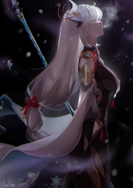 Anime picture 2480x3508 with genshin impact shenhe (genshin impact) xude single long hair tall image highres standing signed silver hair eyes closed profile low ponytail exhalation girl hair ornament weapon detached sleeves tassel snowflake (snowflakes)